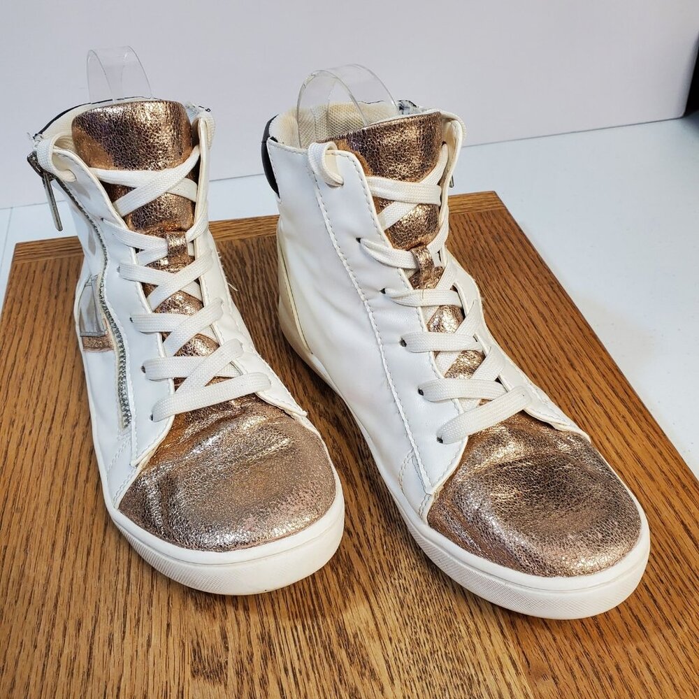 Kidpik Shoes Girls Size 4M White Rose Gold High Top Sneakers Zip Leather Casual